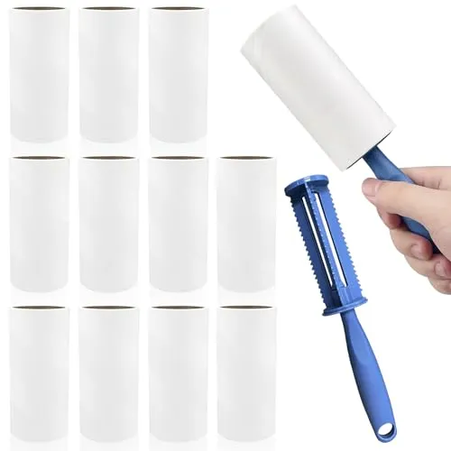 Baxcdyswe Fusselrolle Tierhaare, (12 Rollen mit 2 Abroller) 60 Blatt/Rollen – 720 Blatt, Extra Klebrig Fusselroller zur Entfernung von Fusseln und Tierhaaren Bett, von Kleidung, Sofa, Katzenhaaren