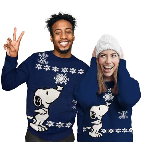 United Labels Snoopy Weihnachtspullover Unisex, Blau, M - Pullover für Herren – Festlicher Ugly Sweater mit Snoopy Motiv, ideal für Paare und perfekt für gemütliche Wintertage. Aus 100% Acryl für angenehmen Tragekomfort!
