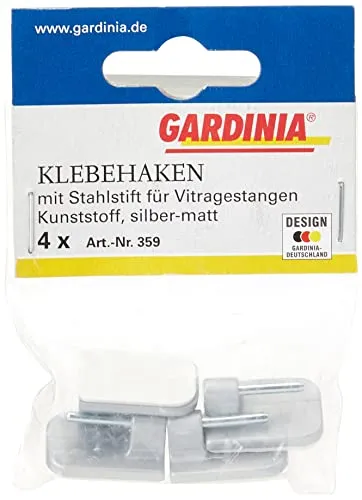 Gardinia Klebehaken für Vitragestangen, 4 Stück, Mit Stahlstift, Selbstklebend, Höhe: 11 mm, Silber-matt
