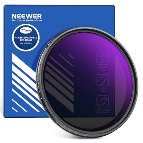 NEEWER 77mm Variabler ND Filter ND2-ND400, Hard Stop Limited Einstellbarer Graufilter mit mehrfach beschichtetem, wasserabweisendem, kratzfestem optischem Glas, schlankem Aluminiumrahmen
