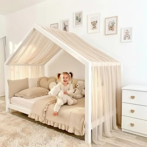 Baby Fancyroom Hausbett Himmel aus Tüll, Handgefertigt und Gekräuselt (Beige, 300cm) - Hochwertiger, gekräuselte Tüll für eine vollendete Optik – ideal für ein gemütliches Kinderzimmer. Verwandelt Ihr Montessori-Hausbett in einen traumhaften Rückzugsort. Einfache Befestigung mit praktischen Bindebändern.
