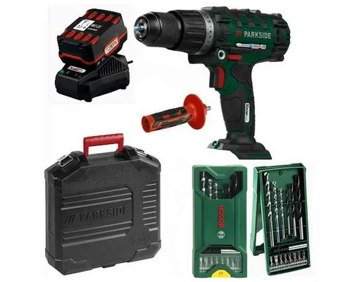 Parkside Akku-Schlagbohrschrauber 20V PSBSA 20-Li C3 mit Bohrer Set - Akkuschrauber mit 4 Ah Akku, leistungsstark und vielseitig einsetzbar für Heimwerkerprojekte.