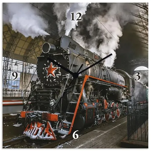 ARTLAND Wanduhr ohne Tickgeräusche Alu Funkuhr 30x30 cm Quadratisch Lautlos Lokomotive Eisenbahn Retro Antik Klassisch S6AU