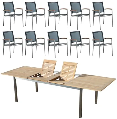 ALEOS Gartengarnitur KUBA - Ausziehtisch und 10 Stapelsessel - Gartenmöbel-Set mit edlem A-Grade Teakholz und robustem Edelstahl. Der ausziehbare Tisch (200-280 cm) und die ergonomischen Sessel bieten höchsten Komfort und sind ideal für Gastronomiebetriebe.