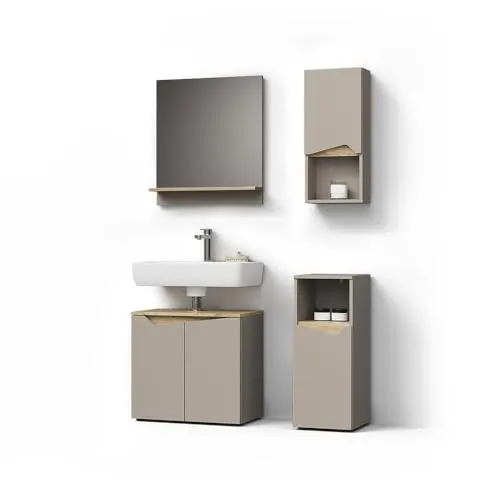 Livinity® Badmöbel-Set Timavo – 4-teilig in Greige und Artisan-Eiche - Badmöbel-Set mit eleganten Farben und hochwertiger Melaminharzbeschichtung. Ideal für moderne Badezimmer, inklusive Waschbeckenunterschrank, Hängeschrank und Spiegel.
