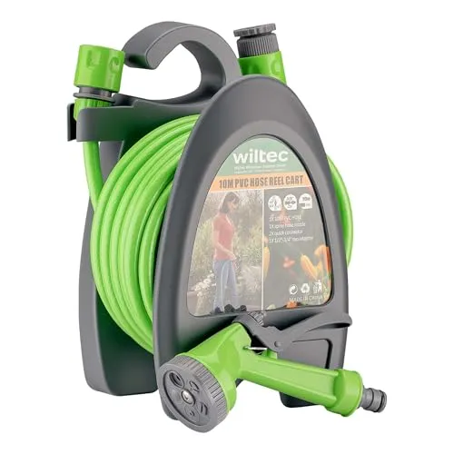 Wiltec Mini Schlauchabroller, Schlauchtrommel mit 10 m PVC Schlauch, Gartenschlauchtrommel aus PP, Wasserschlauch Trommel mit verstellbarer Düse
