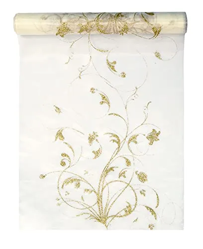 Tischläufer Organza 9m x 36cm Blumenmuster creme gold Tischband halbtransparent für Hochzeit oder Weihnachten