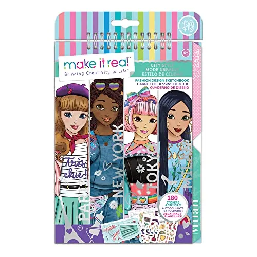 Make It Real Mode-Skizzenbuch im Stadt-Stil, mit Schablonen und Aufkleber für Kreativität – Kunst- und Bastelarbeiten für Kinder Malbuch – Geschenke für Mädchen