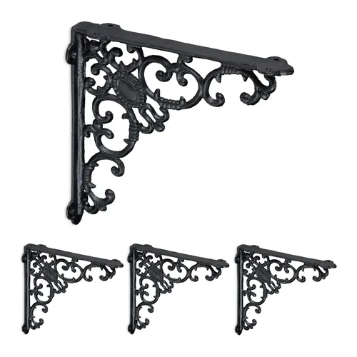 relaxdays Wandregalhalter Antike Regalwinkel 4er Set, Schwarz - Wandkonsolen im antiken Stil, ideal für individuelle Wandregale. Aus massivem Gusseisen, bringen sie nostalgischen Charme in jedes Zimmer und sind vielseitig einsetzbar.