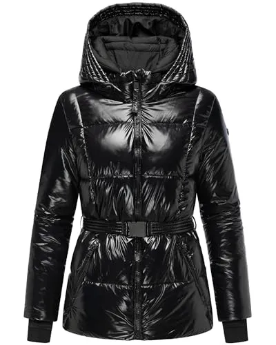Navahoo Damen Winterjacke glänzende warme Steppjacke mit Taillengürtel Eisglanz 14 Black Gr. S