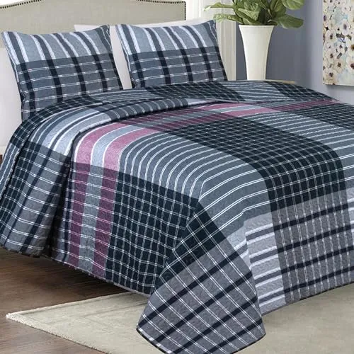 Euromat Tagesdecke Steppdecke Bettüberwurf Gesteppte Tagesdecke mit 2 Kissenbezüge 40x40 cm- (Grau Schwarz Kariert- SY-6766, 180x220 cm)
