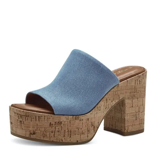 Tamaris Damen Mules Pantoletten mit Absatz - Elegante Denim-Optik - Stylische Damen Mules mit 10,5 cm Absatzhöhe und runder Schuhspitze. Das Textil-Obermaterial bietet Komfort und die ANTIslide-Technologie sorgt für sicheren Halt. Ideal für modebewusste Frauen, die Eleganz und Bequemlichkeit kombinieren möchten.