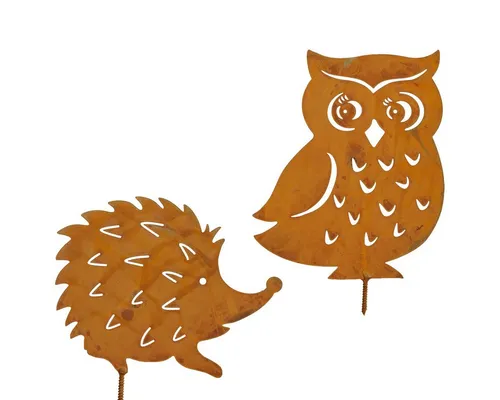 matches21 HOME & HOBBY Gartenfigur Gartenfiguren Eule & Igel, Rostoptik Metall als Gartendeko, (2 St), Dekofiguren zum Schrauben als Garten Zaundeko für Innen, Außen