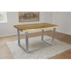 Esstisch Cali | 160 x 85 cm | Akazienholz massiv | Farbe: Eiche | U-Gestell Metall Silber | Massivholz mit Baumkante | pflegeleichter Baumkantentis... - Braun