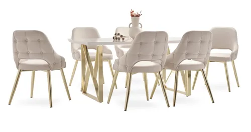 Designstuhl Garnitur 7tlg. Esszimmer Set mit Ausziehtisch - Moderne Esszimmergruppe mit 6 Stühlen und ausziehbarem Tisch (140-180 cm). Ideal für gesellige Abende, hochwertiges Holz und Edelstahl, sorgt für stilvolles Ambiente.