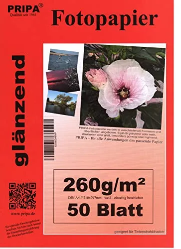 pripa 50 Blatt Fotopapier DIN A4, 260g /qm, high -glossy hoch-glaenzend -sofort trocken -wasserfest-hochweiß-sehr hohe Farbbrillianz, fuer InkJet Drucker Tintenstrahldrucker