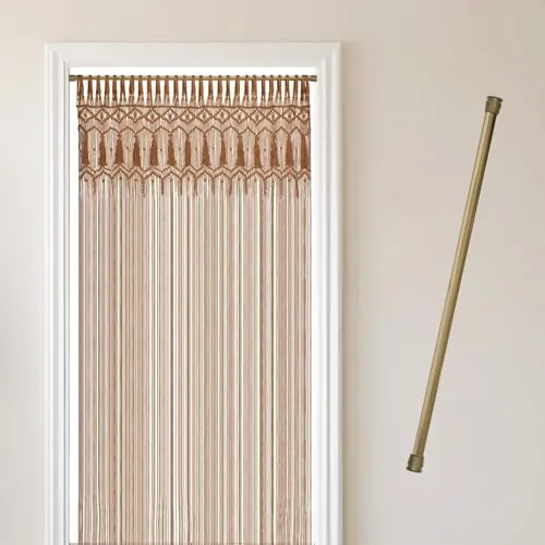 Cozyor Makramee Boho Vorhang + Klemmstange 70-120 cm ohne Bohren Türvorhang Fenstervorhang 132x200cm Raumteiler, Wandbehang & Deko braun Gold, Hochzeit, handgemacht