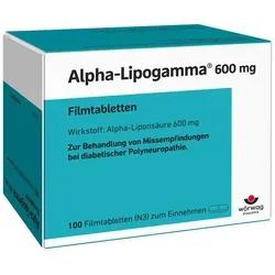 Alpha-Lipogamma 600mg Filmtabletten - Unterstützung bei Polyneuropathie - Arzneimittel zur Linderung von Missempfindungen bei diabetischer Nervenschädigung. Enthält 600 mg Alpha-Liponsäure, wirkt antioxidativ und unterstützt den Stoffwechsel.
