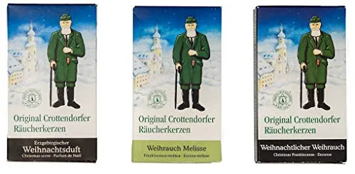 Crottendorfer Räucherkerzen Original Weihrauchmix - 3er Set - Düfte: Weihnachtlicher Weihrauch + Weihrauch Melisse + Erzgebirgische Weihnacht - 72 Stück - Made in Germany