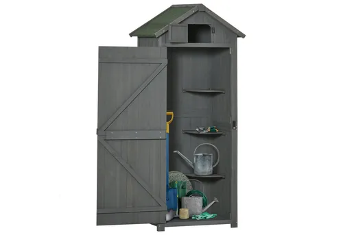 furnicato Garten-Geräteschrank aus Holz 77x54,2x179cm Grau+Grün - Praktischer Gartenschrank für die Aufbewahrung von Werkzeug und Gartengeräten. Aus robustem Kiefern- und Zedernholz gefertigt, bietet er viel Platz und sorgt für Ordnung im Garten.
