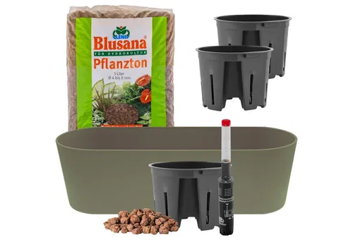LENI Jardiniere Blumentopf länglich Pflanzkasten 36 cm lang Kräuter & Zimmerpflanzen (Komplettes Starter Set Selbstbewässerungstopf, mit 3 x Kulturtopf, 1 x Wasserstandsanzeiger, 5l Pflanzton), Übertopf ohne Loch für Hydrokultur & Erde, perfekt als Kräuter-Topf