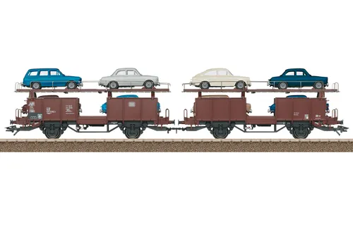 TRIX H0 24332 Autotransportwagen-Paar Laaes der DB - Zweistöckiger Güterwagen der Deutschen Bundesbahn, beladen mit 8 VW Typ 3 Modellen. Ideal für Modellbahn-Enthusiasten, Länge 25,3 cm, inklusive passender Haltekeile.