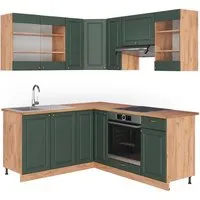 Vicco Winkelküche Fame-Line, Grün-Gold Landhaus - Küchenzeile in L-Form mit viel Stauraum, Soft-Close-Scharniere und flexiblem Design für individuelle Anpassungen – das Highlight für Ihre Küche!