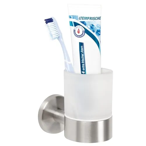 bremermann Bad-Serie Piazza - Glasbecherhalter, Zahnputzbecherhalter inkl. Wandhalterung, Becherhalter - Zahnbürstenhalter, aus satiniertem Glas und Edelstahl matt