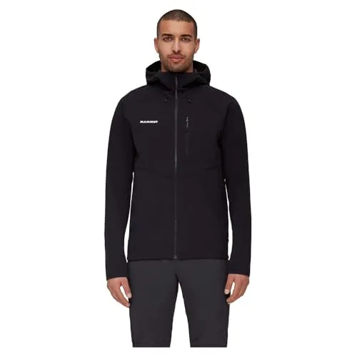 Mammut Ultimate Comfort Softshell Hooded Jacket Men black (0001) S - Funktionsjacke für Herren, wasserabweisend und komfortabel dank 3-lagigem 4-Wege-Stretch-Softshell. Ideal für Wandern, Reisen und Alltag mit praktischen Taschen und individueller Anpassung.