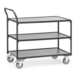 Fetra Transportgeräte Tischwagen 2750/7016 - Transportroller mit 3 Böden, Tragkraft bis 300 kg, ideal als mobiler Arbeitstisch für Fertigung und Reparatur. Hochstehender Schiebegriff für optimale Ergonomie.