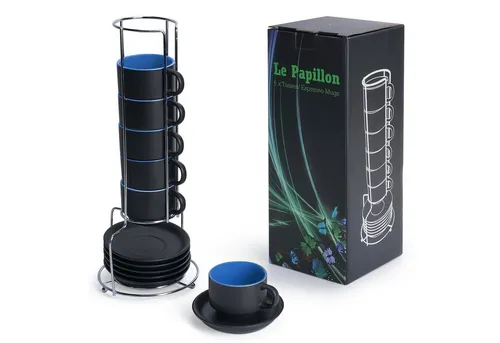 MiaMio Espressotasse Set Le Papillon (6 x 75ml) - Espressotassen Set in edlem matt-schwarz mit farbenfrohem Innenleben. Hochwertige Steingut-Verarbeitung, mikrowellen- und spülmaschinenfest – perfekt für den täglichen Gebrauch oder als Geschenk.