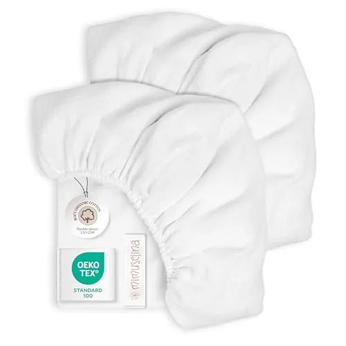 Mimuselina Spannbettlaken 70x140 Baby – 2er-Pack Bettlaken 140x70 aus 100 % weicher, atmungsaktiver Musselin-Baumwolle [Weiß + Weiß]