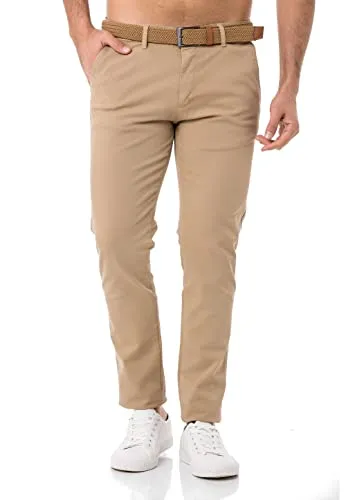 Redbridge Herren Chino-Hose mit Gürtel Bequeme Freizeit- und Businesshose Sand W36 L34