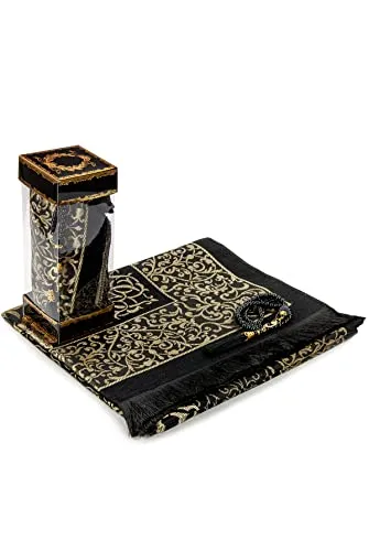Muslimische Gebetspuppteppich und Gebetsperlen mit eleganter Geschenkbox | Janamaz | Sajadah | Weicher islamischer Gebetsteppich | Islamische Geschenke Set | Gebets Teppichmatte, Taft Stoff, schwarz