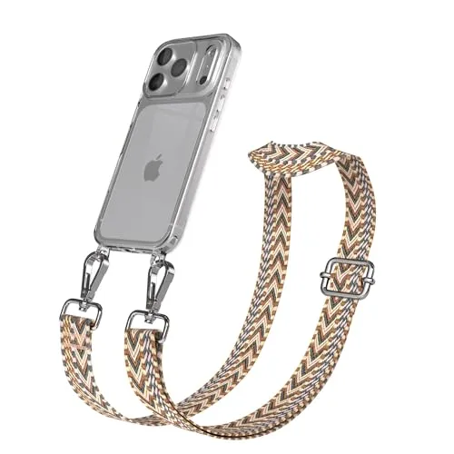 EAZY CASE Handykette - Verstellbares Taschenband kompatibel mit iPhone 17 Pro, Schulterriemen, Handykordel mit Silikon Hülle, Umhängetasche, Braun Silber