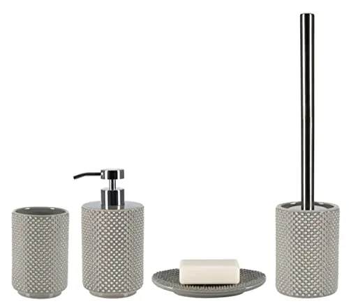 Spirella Badezimmer Set, 4-teiliges Badzubehör aus Steingut Mero Seifenspender, Seifenschale, WC Bürste und Zahnputzbecher Taupe
