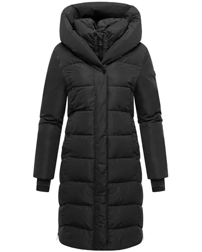 Navahoo Damen Langer Wintermantel warmer Steppmantel mit abnehmbarem Kragen-Einsatz Laubzauber 14 Black Gr. 4XL