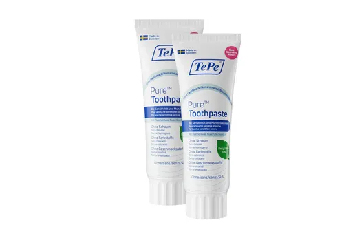 TePe Zahnpasta Pure 2er-Set, Geschmacksneutral - Zahnpflegeartikel für empfindliches Zahnfleisch, vegan und ohne SLS, ideal bei Mundtrockenheit für ein sanftes Putzerlebnis.