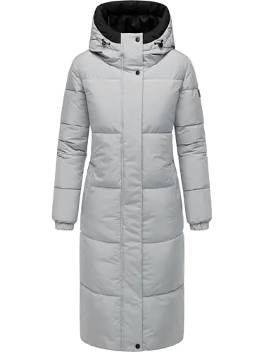 Navahoo Damen langer Wintermantel warmer Steppmantel mit 2-Wege-Reißverschluss und verstellbarer Kapuze Taublüte XIV Grey Gr. S