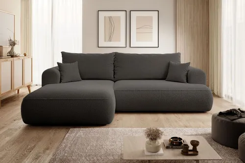 Selsey Ecksofa Ovo, Dunkelgrau, L-Form mit Ottomane links - Hochwertiges Ecksofa in L-Form mit weichem Bouclé-Bezug, ideal für stilvolle Wohnzimmer. Verwandelt sich schnell in ein komfortables Doppelbett für Gäste.