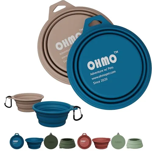 OHMO Hundenäpf Faltbar 400 ml Max, (2 Stück, Blau&Beige) Premium Silikon Haustier Wassernapf für Katzen & Hunde, Tragbare Hundereise-Napf Faltbar für Outdoor Camping Wandern