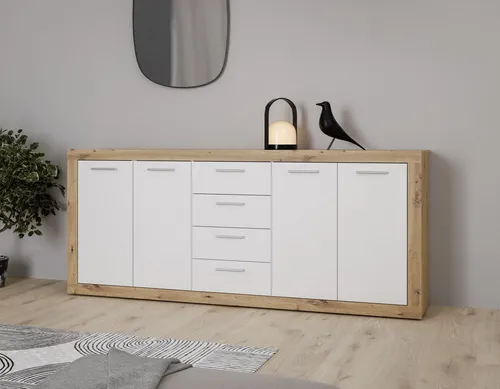 FORTE Sideboard Baccio, 197 cm, 4 Türen & 4 Schubladen - Moderner Sideboard in Artisan Eiche, bietet viel Stauraum und ist einfach selbst zu montieren. Perfekt für Ihr Wohnzimmer oder Esszimmer!