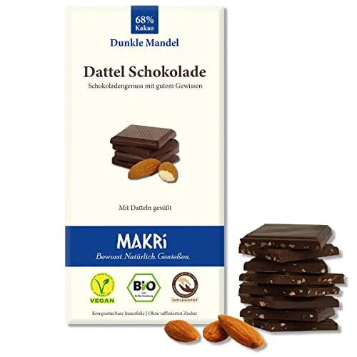 MAKRi® BIO Dattel Schokolade - ohne raffinierten Zucker, Mit Datteln gesüßt, Vegan & Fair gehandelt (Dunkle Mandel 68%, 1 Tafel)