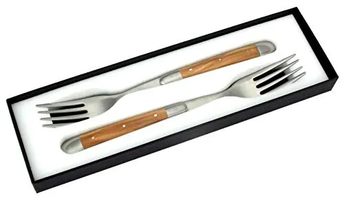 Forge de Laguiole - 2er Set Gabeln - Griff Oliven-Holz - Steakgabeln Frankreich - Stahl matt