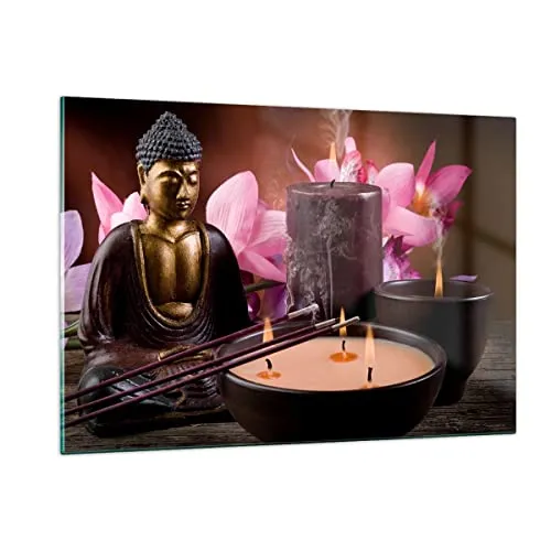 Wandbilder Dekoration Wohnzimmer Buddha Kerzen Religion Bilder auf Glas 120x80cm Glasbild Schlafzimmer Küche Deko Wand Kunstdruck Art Groß XXL Wanddeko Bild im Glas Modern Wall Decor GAA120x80-2631