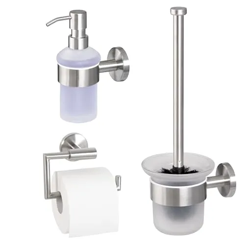 bremermann Toilettenpapierhalter Bad-Serie PIAZZA - 3tlg. Set aus Edelstahl - Toilettenpapierhalter Set 3tlg. aus rostfreiem Edelstahl mit modernem Design. Ideal für ein elegantes Badezimmer, inklusive hygienischem WC-Garnitur und praktischen Seifenspender.