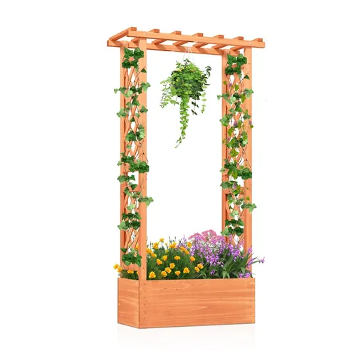 Hochbeet mit Rankgitter - Blumenkasten aus Holz mit Dach - Körbe, Blumentöpfe, -kästen & Untersetzer. Mit praktischem Rankgitter für Blumen und Kräuter. Ideal für Gartenliebhaber, die vertikal gärtnern möchten.