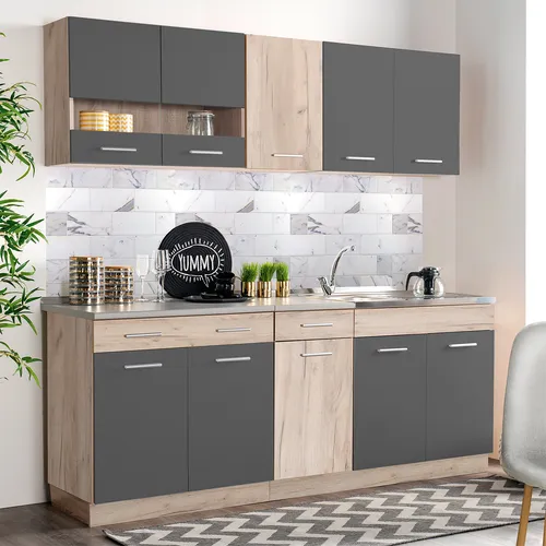 Homestyle4u 2357 Küchenblock 200 cm Grau Eiche - Küchenzeilen mit viel Stauraum, kompakt und funktionell, ideal für kleine Wohnungen, individuell höhenverstellbare Hängeschränke und modernes Design in Grau und Eichenoptik.