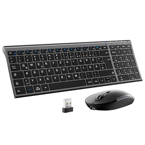iClever Aluminium Wireless Slim Tastatur & 2.4G Maus Set - Maus-Tastatur-Set mit schlankem Aluminium-Design, kabelloser 2,4GHz-Verbindung und 90 Stunden Batterielaufzeit – ideal für Homeoffice und unterwegs.