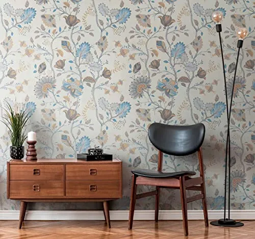 New Walls Florale Vliestapete Blüten Blumenranken Äste in blau, beige, grau – 10,05 x 0,53 m